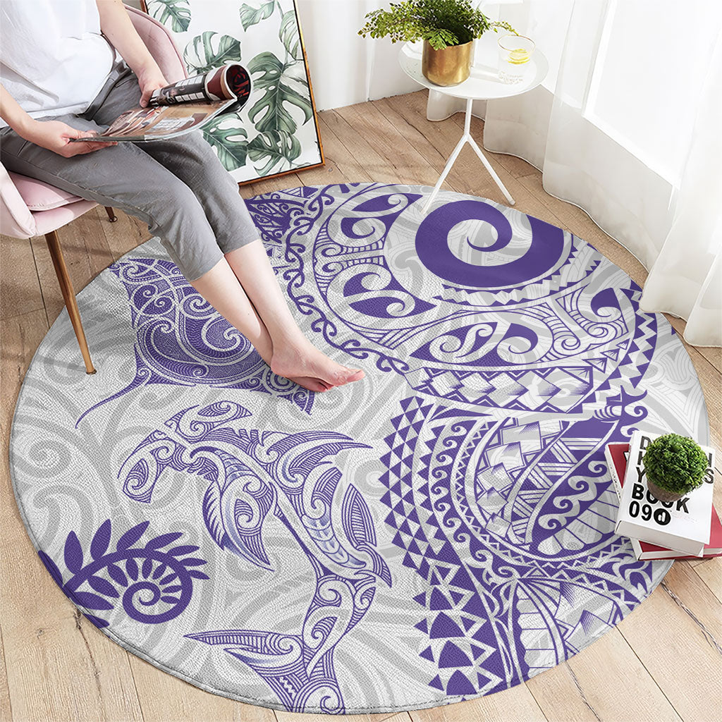 Aotearoa Maori Sea Animals Tribal Round Carpet Manta Ray and Shark Moko Pattern Purple Color