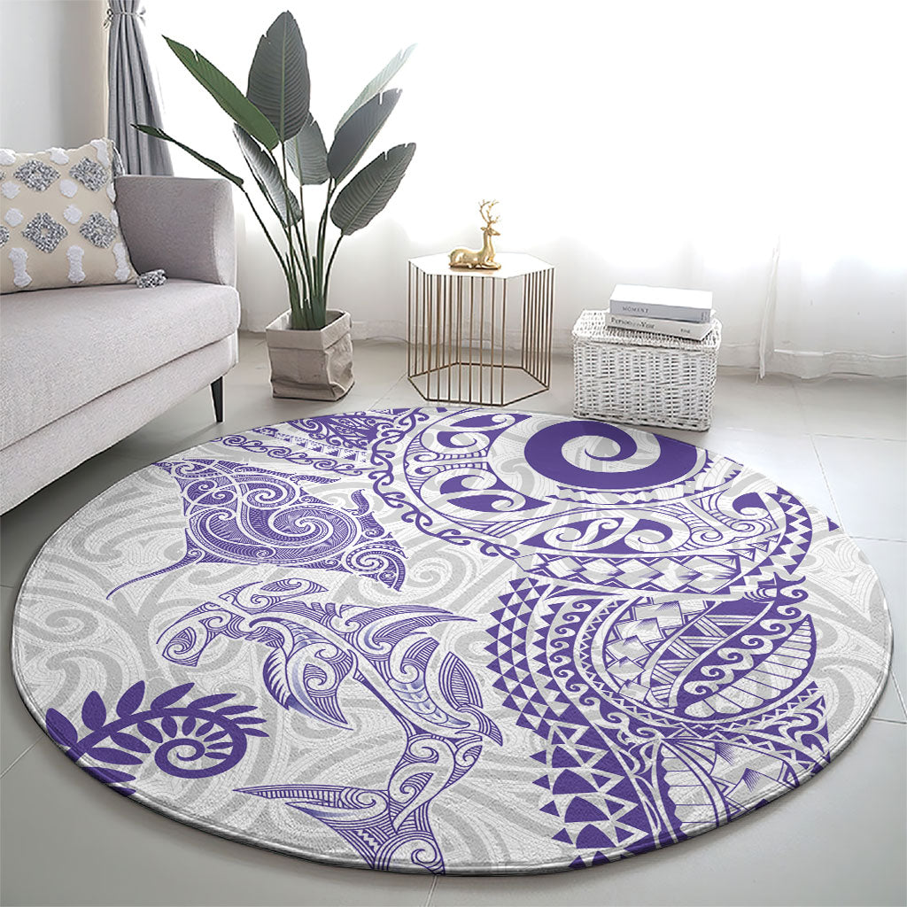 Aotearoa Maori Sea Animals Tribal Round Carpet Manta Ray and Shark Moko Pattern Purple Color