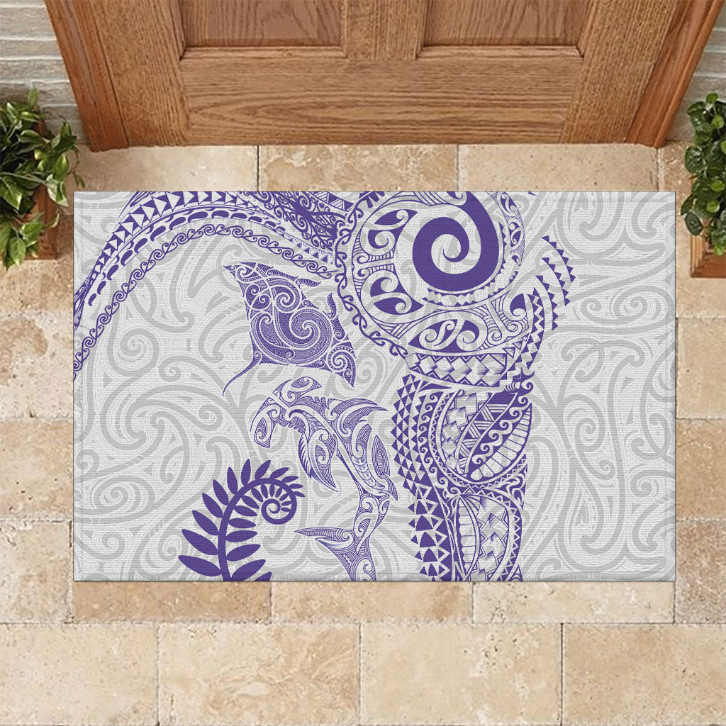 Aotearoa Maori Sea Animals Tribal Rubber Doormat Manta Ray and Shark Moko Pattern Purple Color
