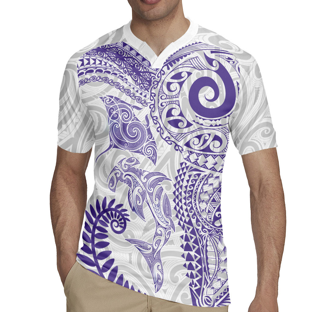 Aotearoa Maori Sea Animals Tribal Rugby Jersey Manta Ray and Shark Moko Pattern Purple Color