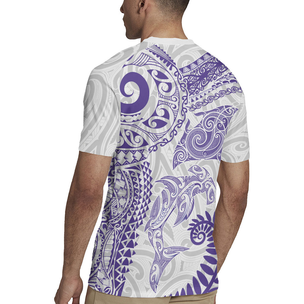 Aotearoa Maori Sea Animals Tribal Rugby Jersey Manta Ray and Shark Moko Pattern Purple Color
