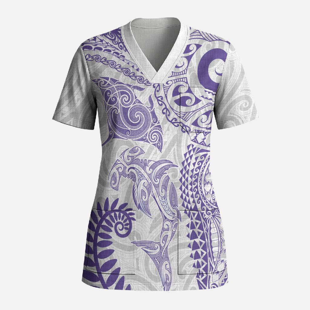 Aotearoa Maori Sea Animals Tribal Scrub Top Manta Ray and Shark Moko Pattern Purple Color