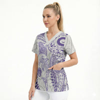 Aotearoa Maori Sea Animals Tribal Scrub Top Manta Ray and Shark Moko Pattern Purple Color