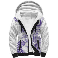 Aotearoa Maori Sea Animals Tribal Sherpa Hoodie Manta Ray and Shark Moko Pattern Purple Color