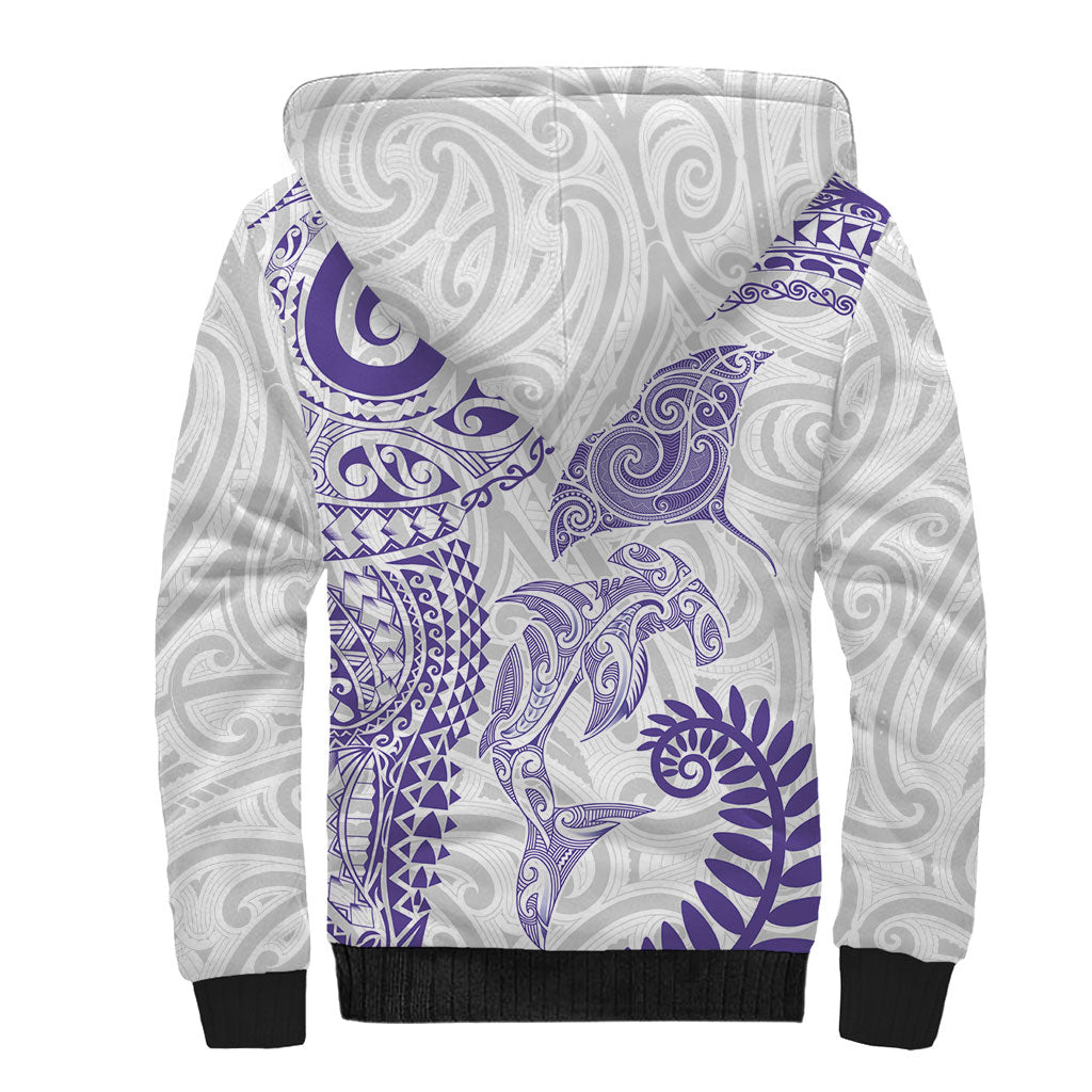 Aotearoa Maori Sea Animals Tribal Sherpa Hoodie Manta Ray and Shark Moko Pattern Purple Color