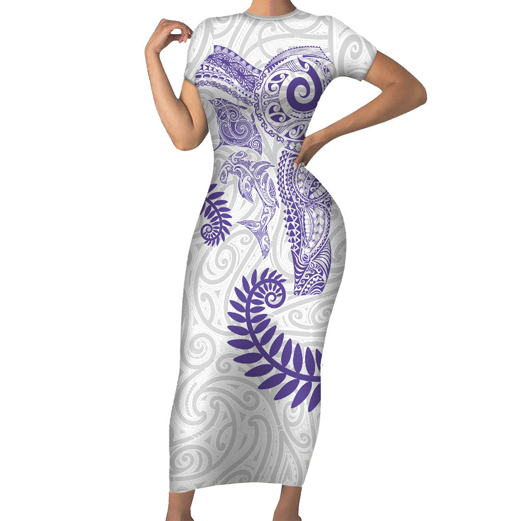 Aotearoa Maori Sea Animals Tribal Short Sleeve Bodycon Dress Manta Ray and Shark Moko Pattern Purple Color