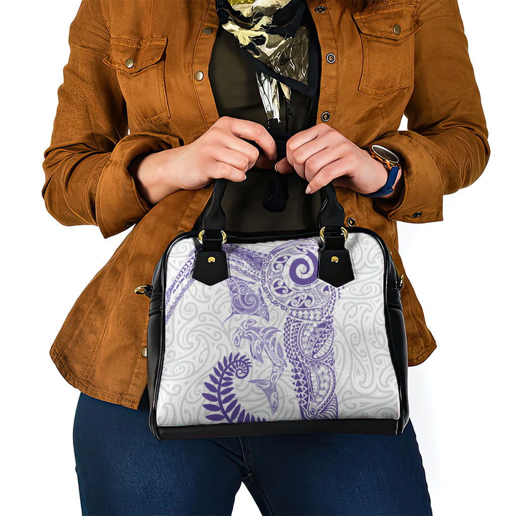 Aotearoa Maori Sea Animals Tribal Shoulder Handbag Manta Ray and Shark Moko Pattern Purple Color