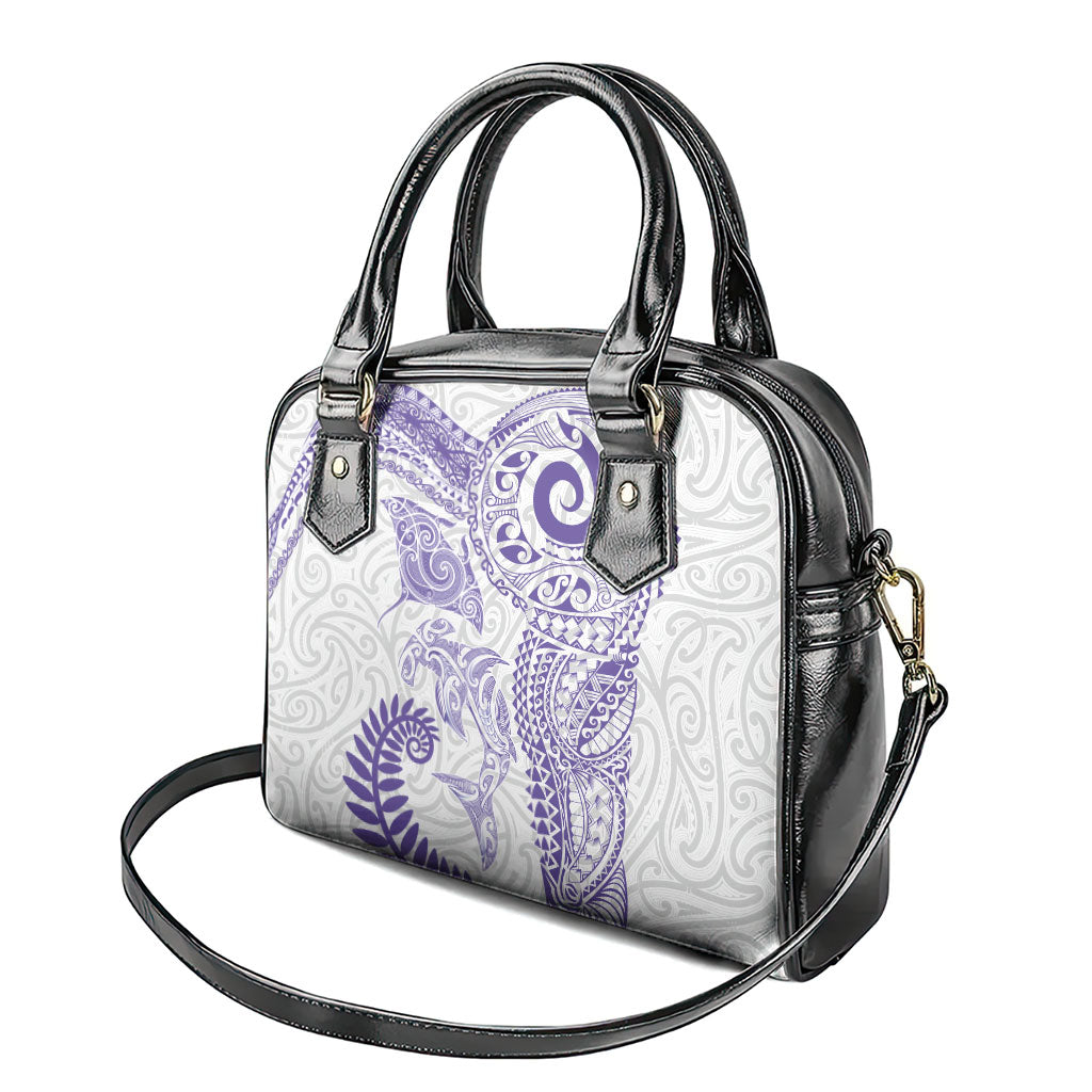 Aotearoa Maori Sea Animals Tribal Shoulder Handbag Manta Ray and Shark Moko Pattern Purple Color