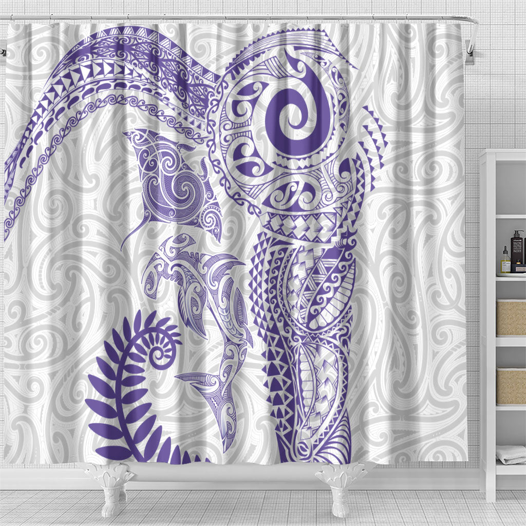 Aotearoa Maori Sea Animals Tribal Shower Curtain Manta Ray and Shark Moko Pattern Purple Color