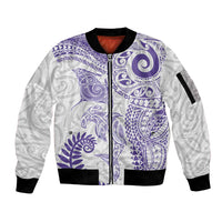Aotearoa Maori Sea Animals Tribal Sleeve Zip Bomber Jacket Manta Ray and Shark Moko Pattern Purple Color