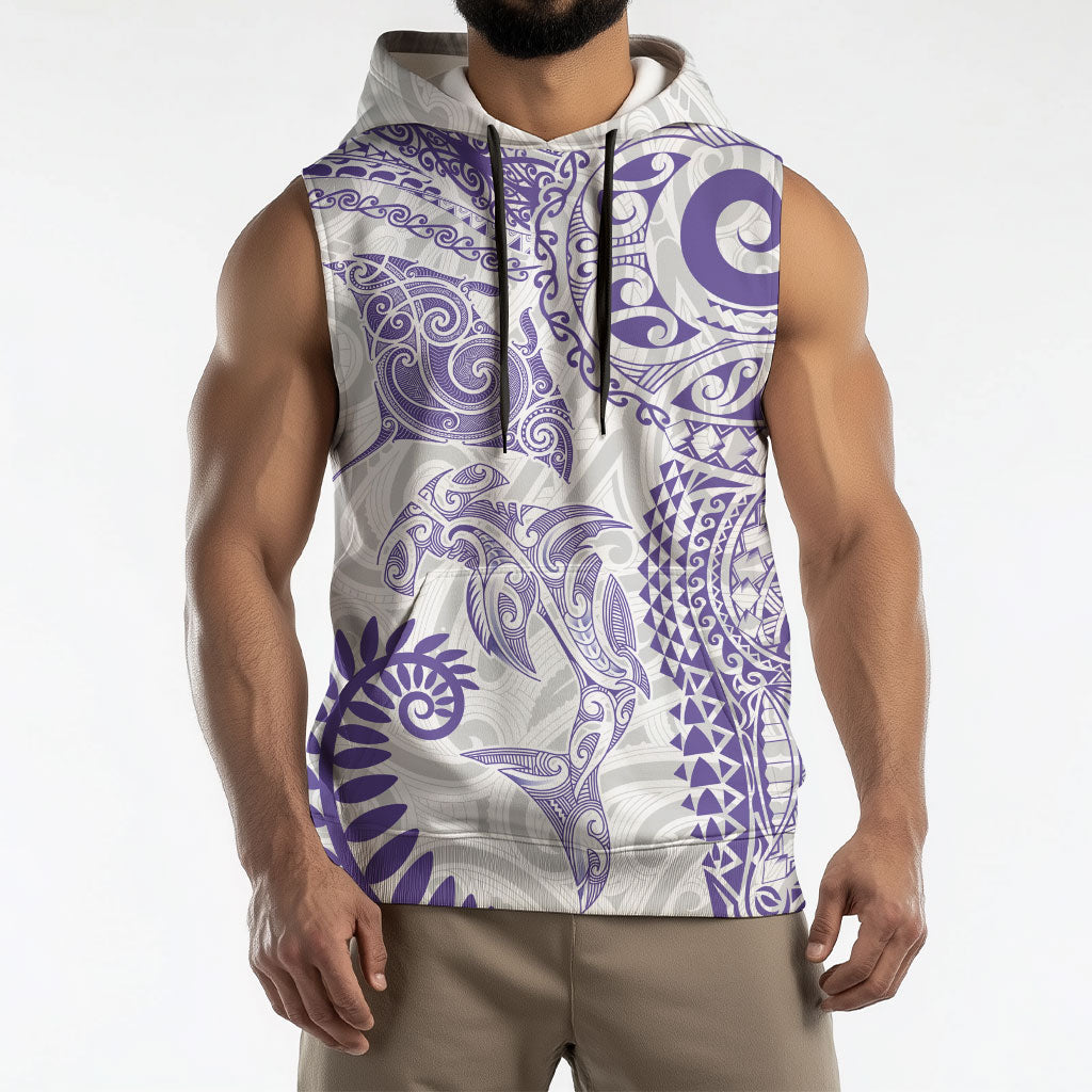 Aotearoa Maori Sea Animals Tribal Sleeveless Hoodie Manta Ray and Shark Moko Pattern Purple Color