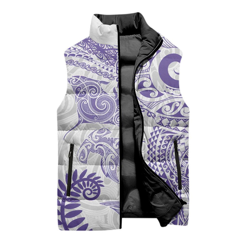 Aotearoa Maori Sea Animals Tribal Sleeveless Puffer Jacket Manta Ray and Shark Moko Pattern Purple Color