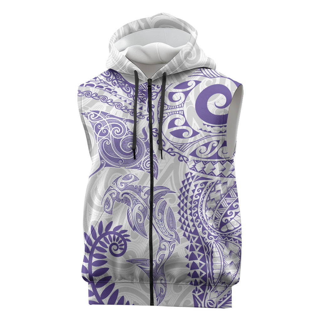 Aotearoa Maori Sea Animals Tribal Sleeveless Zip Hoodie Manta Ray and Shark Moko Pattern Purple Color