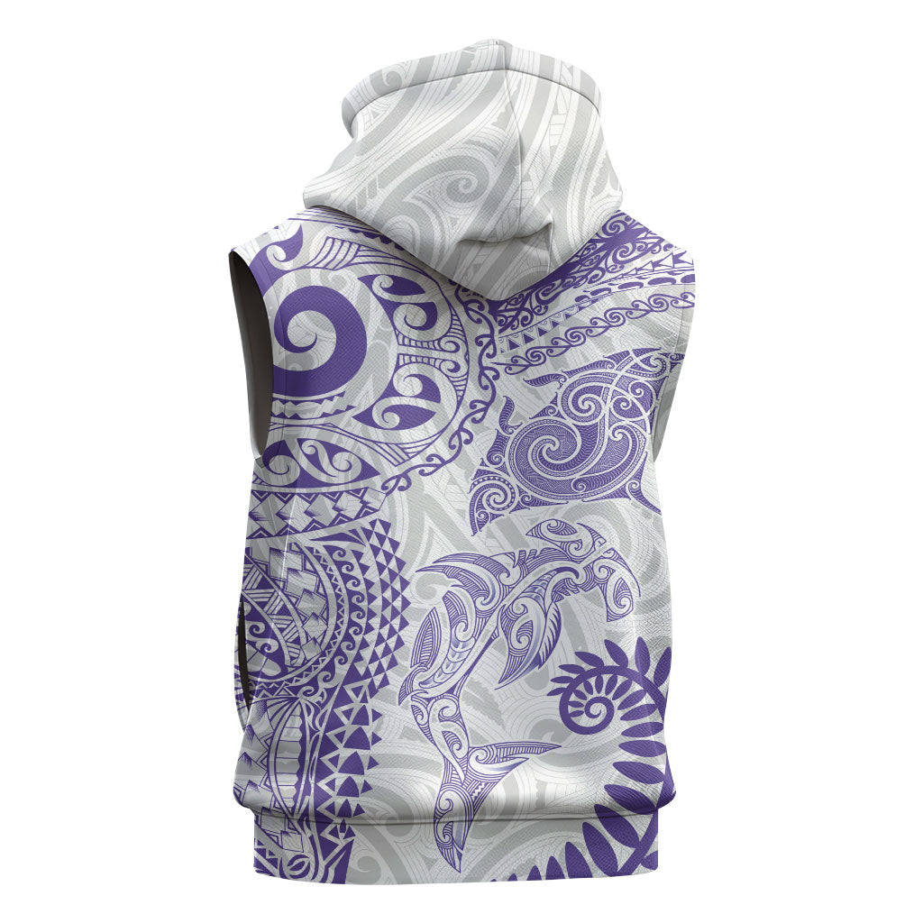 Aotearoa Maori Sea Animals Tribal Sleeveless Zip Hoodie Manta Ray and Shark Moko Pattern Purple Color
