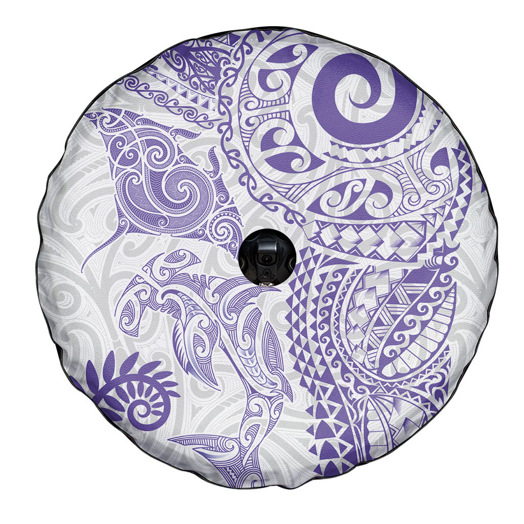 Aotearoa Maori Sea Animals Tribal Spare Tire Cover Manta Ray and Shark Moko Pattern Purple Color