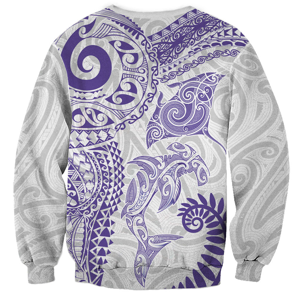 Aotearoa Maori Sea Animals Tribal Sweatshirt Manta Ray and Shark Moko Pattern Purple Color