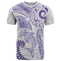 Aotearoa Maori Sea Animals Tribal T Shirt Manta Ray and Shark Moko Pattern Purple Color