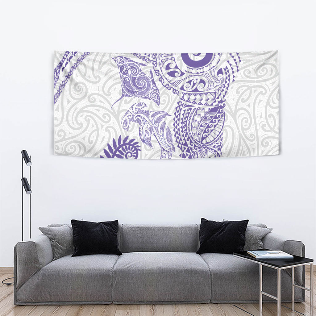 Aotearoa Maori Sea Animals Tribal Tapestry Manta Ray and Shark Moko Pattern Purple Color