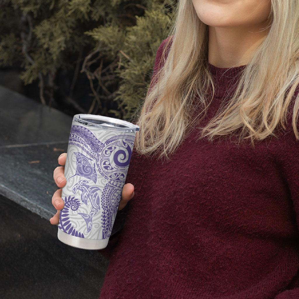 Aotearoa Maori Sea Animals Tribal Tumbler Cup Manta Ray and Shark Moko Pattern Purple Color