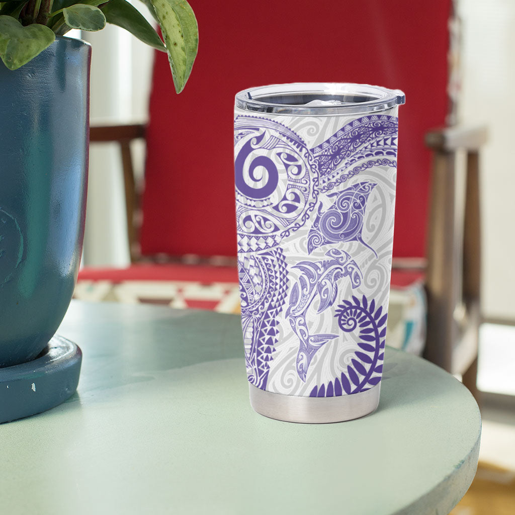 Aotearoa Maori Sea Animals Tribal Tumbler Cup Manta Ray and Shark Moko Pattern Purple Color