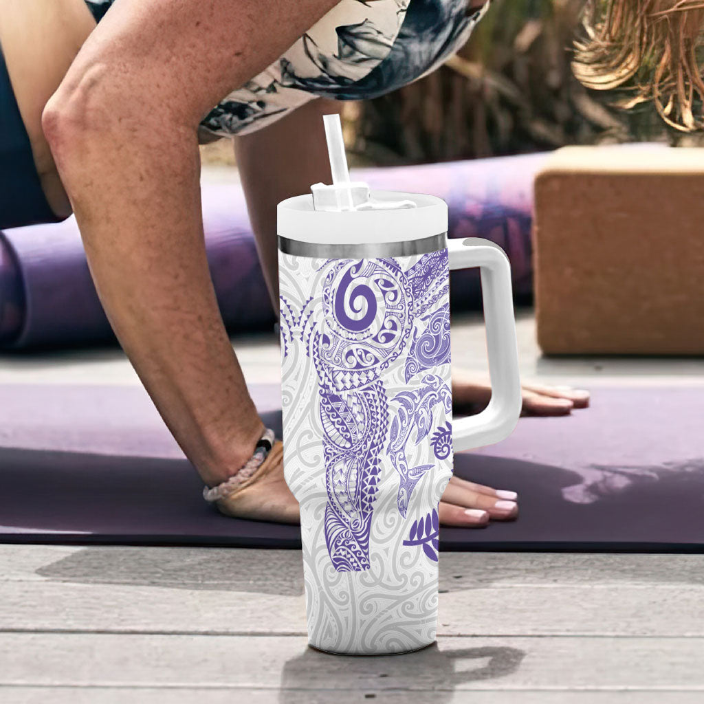 Aotearoa Maori Sea Animals Tribal Tumbler With Handle Manta Ray and Shark Moko Pattern Purple Color