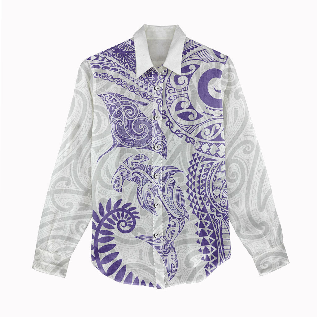Aotearoa Maori Sea Animals Tribal Women Casual Shirt Manta Ray and Shark Moko Pattern Purple Color