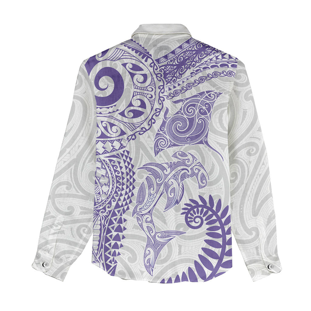 Aotearoa Maori Sea Animals Tribal Women Casual Shirt Manta Ray and Shark Moko Pattern Purple Color