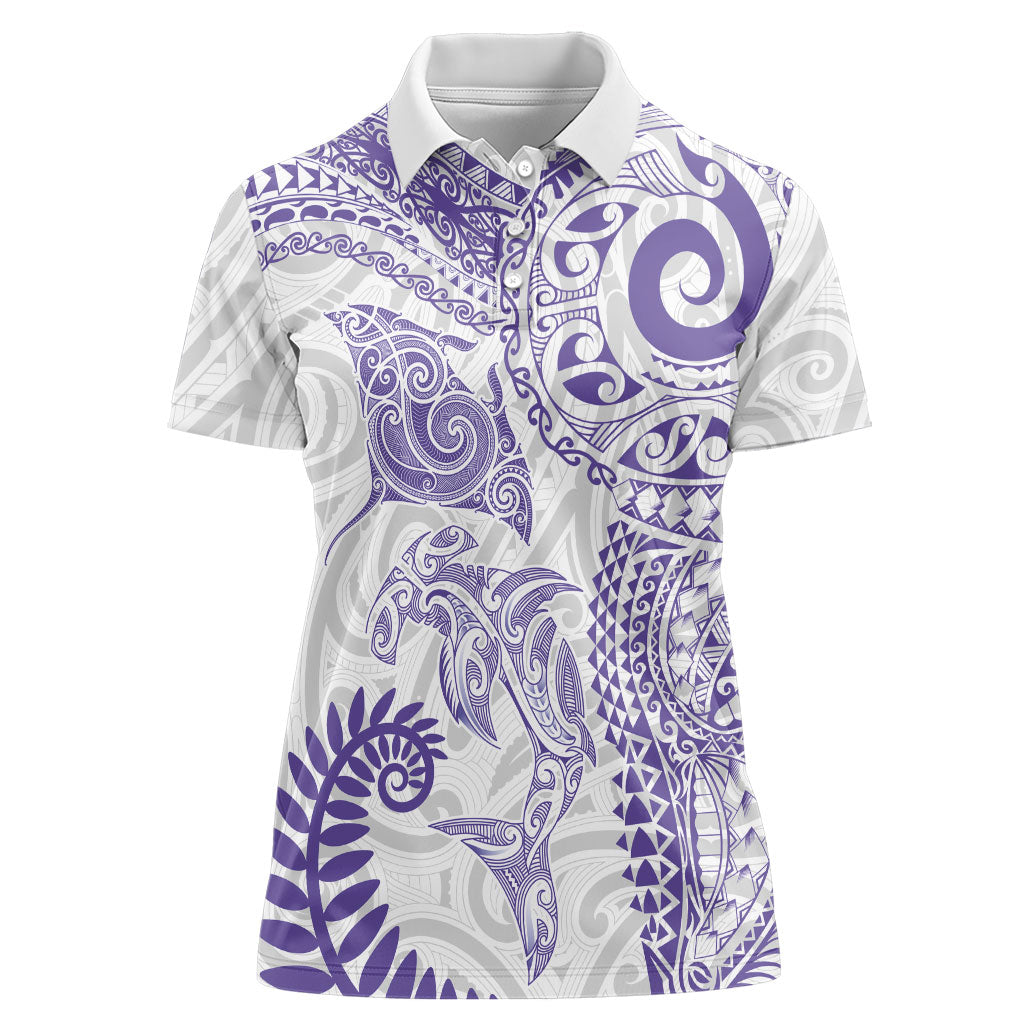 Aotearoa Maori Sea Animals Tribal Women Polo Shirt Manta Ray and Shark Moko Pattern Purple Color