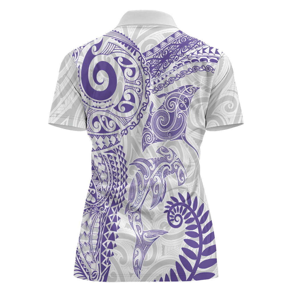 Aotearoa Maori Sea Animals Tribal Women Polo Shirt Manta Ray and Shark Moko Pattern Purple Color