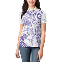 Aotearoa Maori Sea Animals Tribal Women Polo Shirt Manta Ray and Shark Moko Pattern Purple Color
