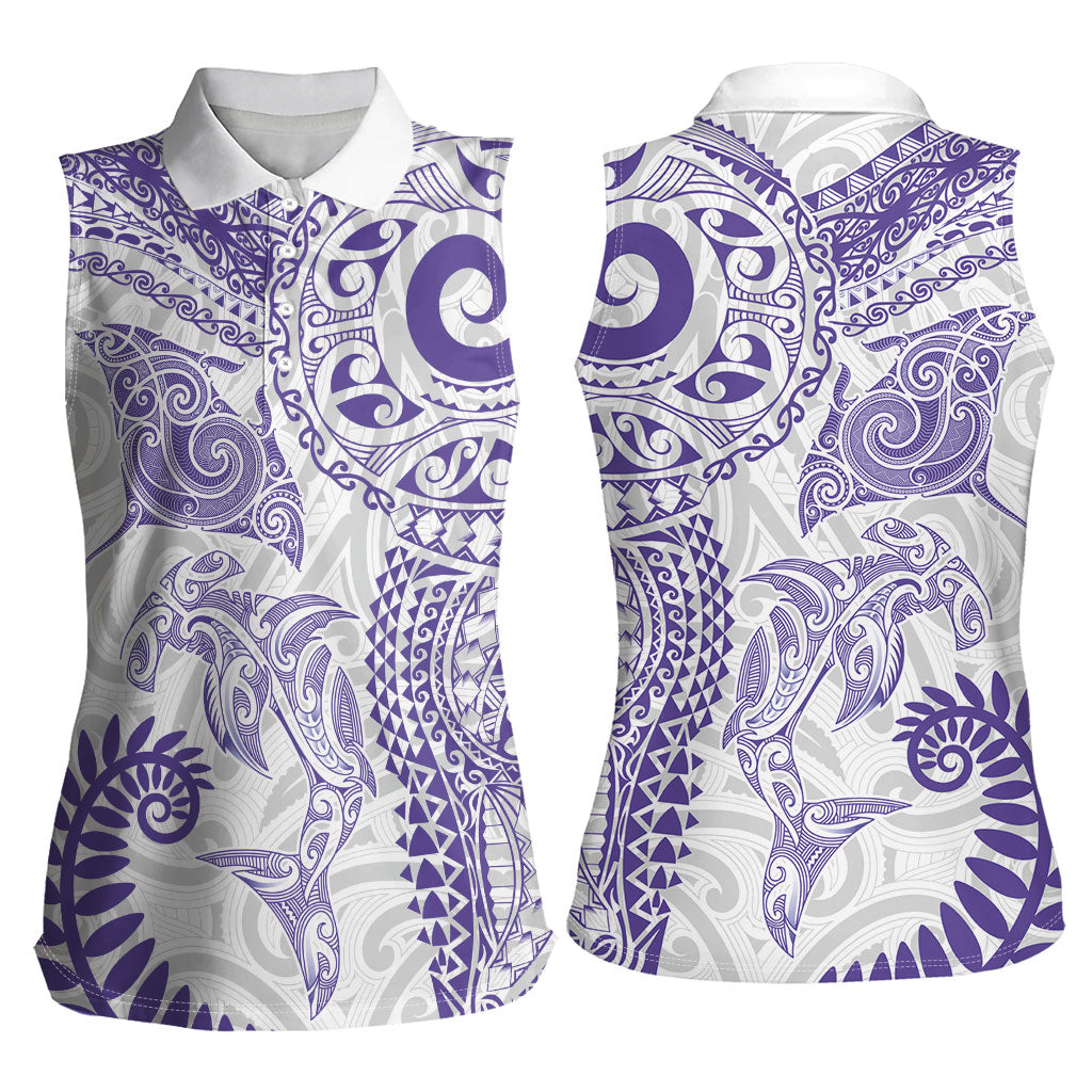 Aotearoa Maori Sea Animals Tribal Women Sleeveless Polo Shirt Manta Ray and Shark Moko Pattern Purple Color