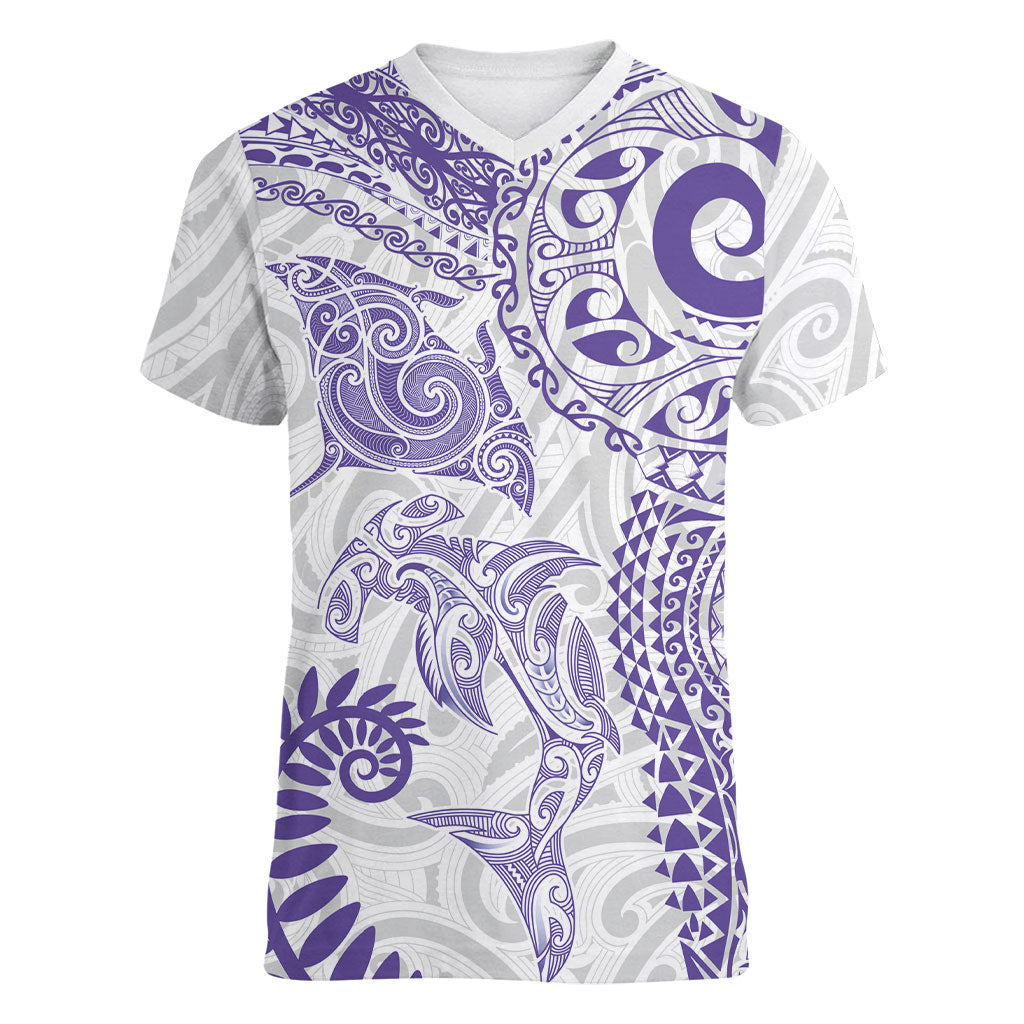 Aotearoa Maori Sea Animals Tribal Women V-Neck T-Shirt Manta Ray and Shark Moko Pattern Purple Color