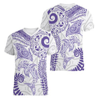 Aotearoa Maori Sea Animals Tribal Women V-Neck T-Shirt Manta Ray and Shark Moko Pattern Purple Color