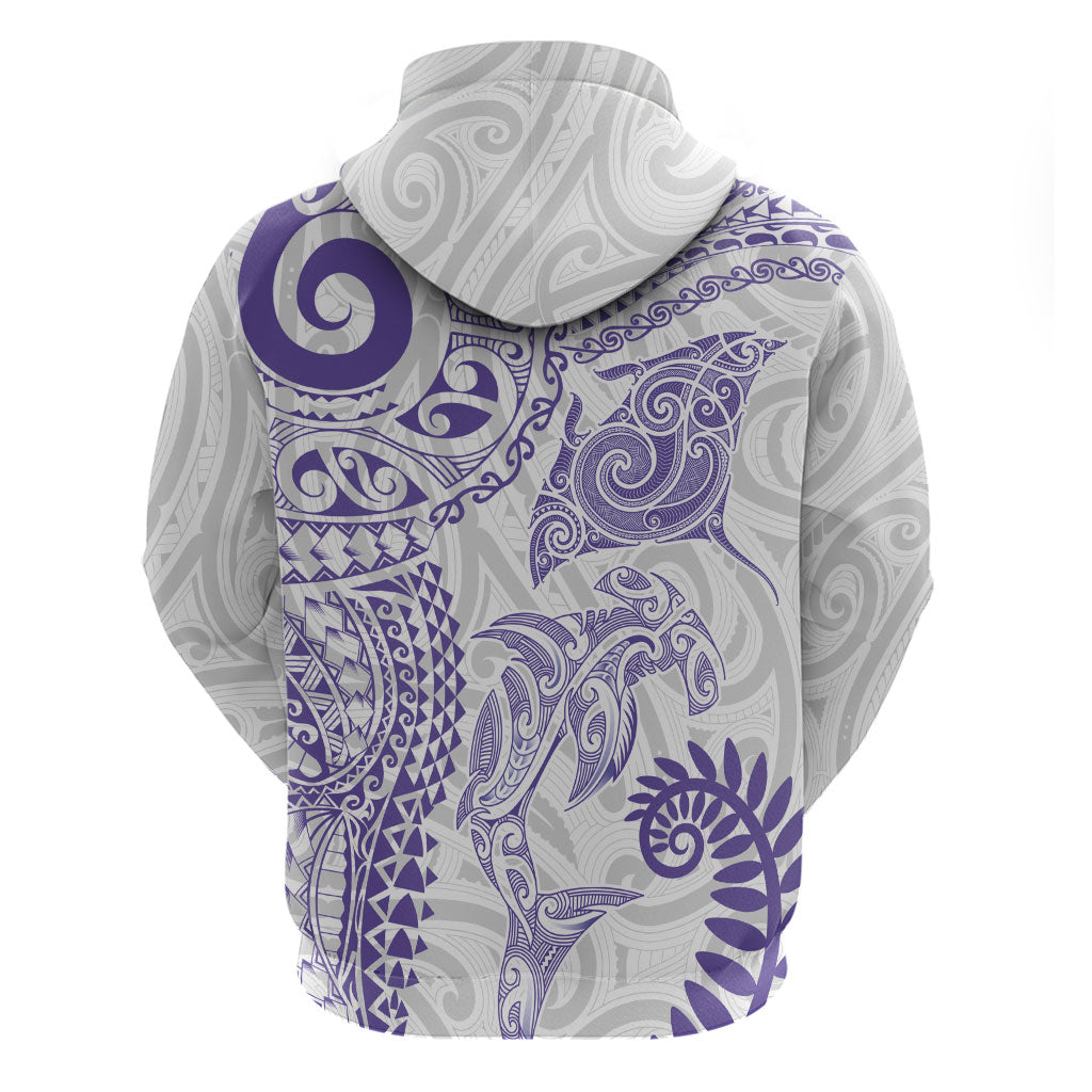 Aotearoa Maori Sea Animals Tribal Zip Hoodie Manta Ray and Shark Moko Pattern Purple Color