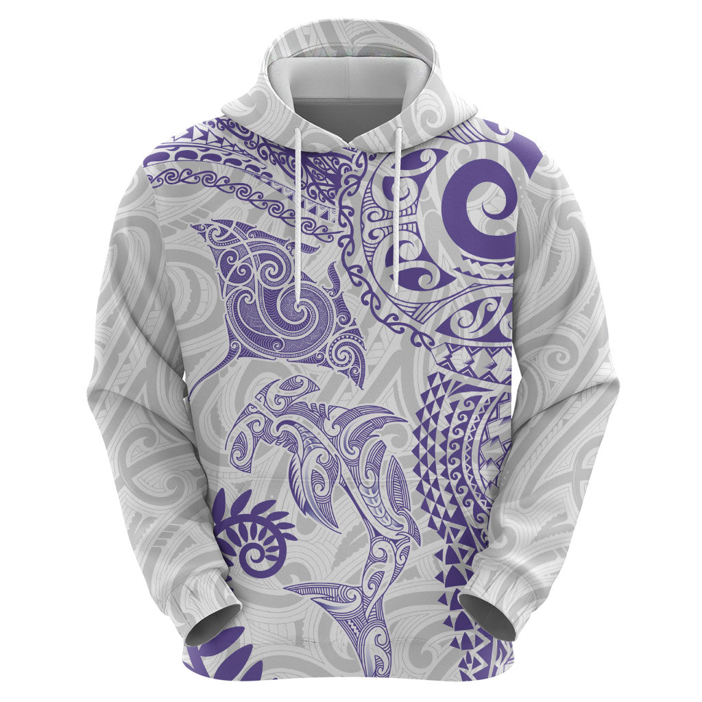 Aotearoa Maori Sea Animals Tribal Zip Hoodie Manta Ray and Shark Moko Pattern Purple Color