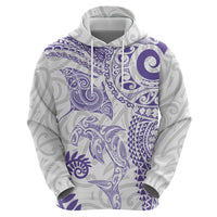 Aotearoa Maori Sea Animals Tribal Zip Hoodie Manta Ray and Shark Moko Pattern Purple Color