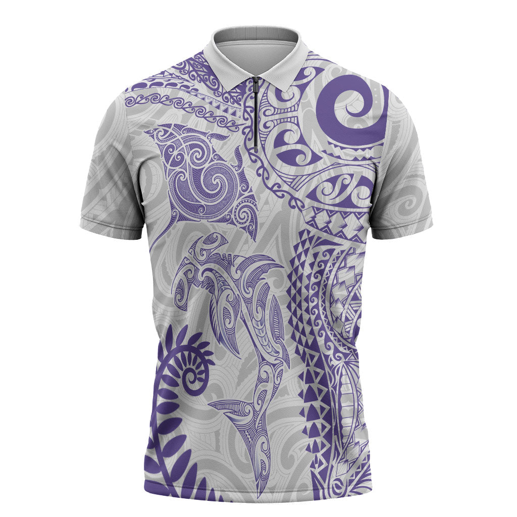 Aotearoa Maori Sea Animals Tribal Zipper Polo Shirt Manta Ray and Shark Moko Pattern Purple Color