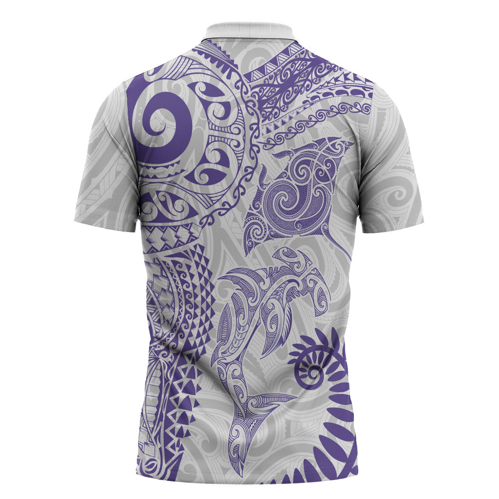 Aotearoa Maori Sea Animals Tribal Zipper Polo Shirt Manta Ray and Shark Moko Pattern Purple Color