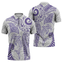 Aotearoa Maori Sea Animals Tribal Zipper Polo Shirt Manta Ray and Shark Moko Pattern Purple Color