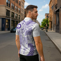 Aotearoa Maori Sea Animals Tribal Zipper Polo Shirt Manta Ray and Shark Moko Pattern Purple Color