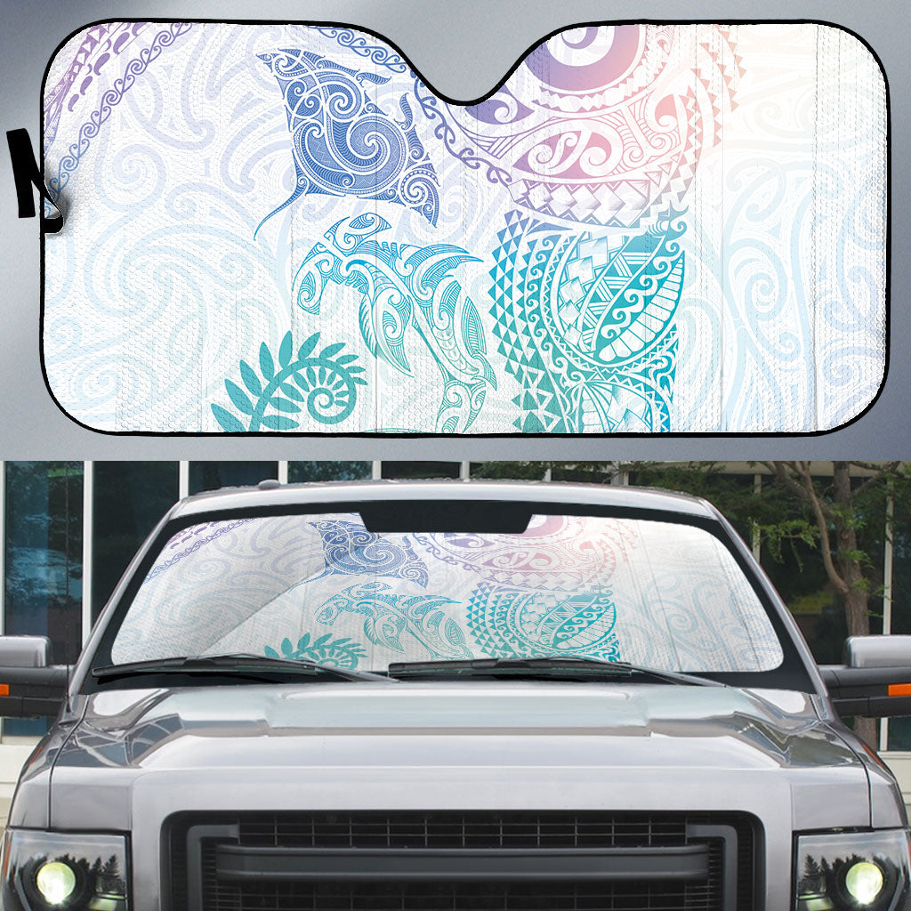 Aotearoa Maori Sea Animals Tribal Auto Sun Shade Manta Ray and Shark Moko Pattern Sweet Pastel