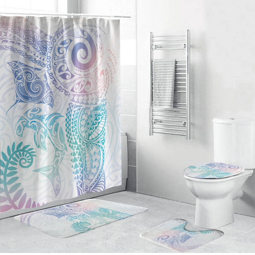 Aotearoa Maori Sea Animals Tribal Bathroom Set Manta Ray and Shark Moko Pattern Sweet Pastel LT03 Bathroom Set (4 pcs) Multicolor - Polynesian Pride
