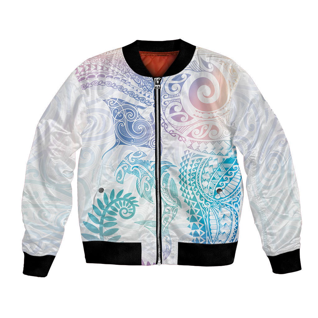 Aotearoa Maori Sea Animals Tribal Bomber Jacket Manta Ray and Shark Moko Pattern Sweet Pastel LT03 Unisex Multicolor - Polynesian Pride