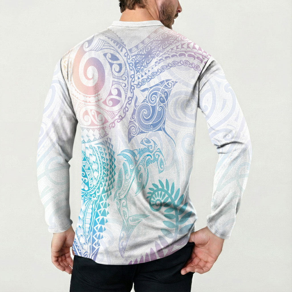 Aotearoa Maori Sea Animals Tribal Button Sweatshirt Manta Ray and Shark Moko Pattern Sweet Pastel