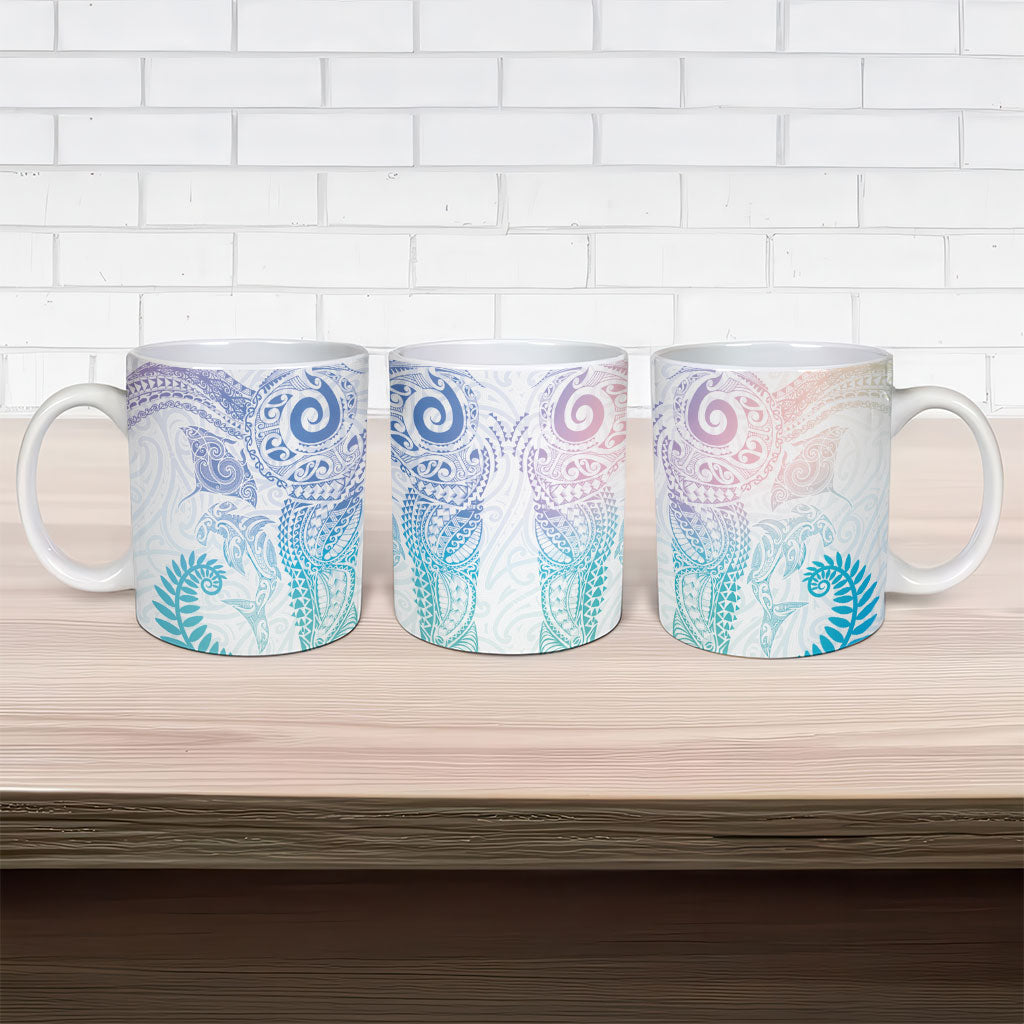 Aotearoa Maori Sea Animals Tribal Ceramic Mug Manta Ray and Shark Moko Pattern Sweet Pastel
