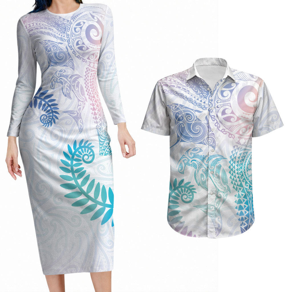Aotearoa Maori Sea Animals Tribal Couples Matching Long Sleeve Bodycon Dress and Hawaiian Shirt Manta Ray and Shark Moko Pattern Sweet Pastel LT03 Multicolor - Polynesian Pride