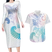 Aotearoa Maori Sea Animals Tribal Couples Matching Long Sleeve Bodycon Dress and Hawaiian Shirt Manta Ray and Shark Moko Pattern Sweet Pastel