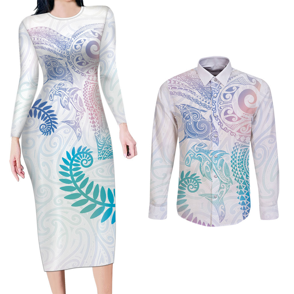 Aotearoa Maori Sea Animals Tribal Couples Matching Long Sleeve Bodycon Dress and Long Sleeve Button Shirt Manta Ray and Shark Moko Pattern Sweet Pastel