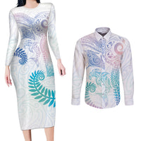 Aotearoa Maori Sea Animals Tribal Couples Matching Long Sleeve Bodycon Dress and Long Sleeve Button Shirt Manta Ray and Shark Moko Pattern Sweet Pastel