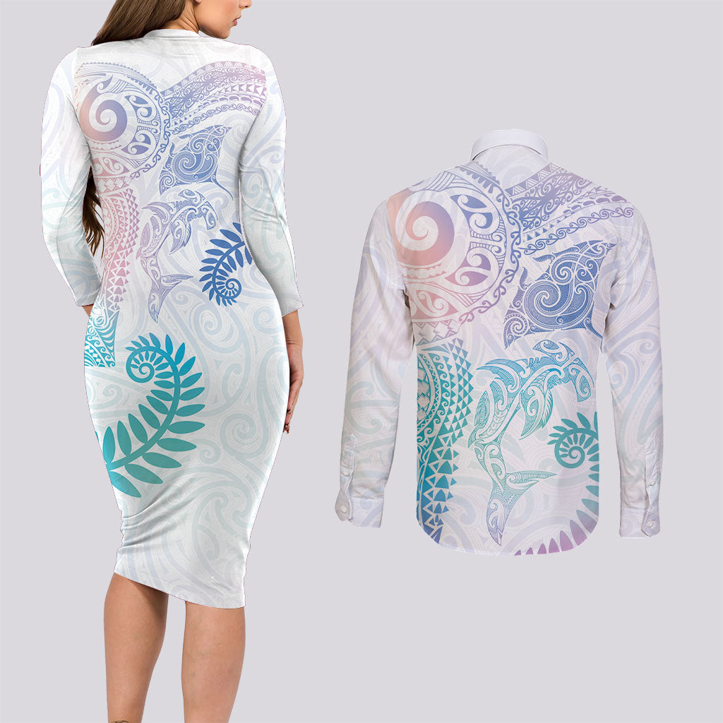 Aotearoa Maori Sea Animals Tribal Couples Matching Long Sleeve Bodycon Dress and Long Sleeve Button Shirt Manta Ray and Shark Moko Pattern Sweet Pastel